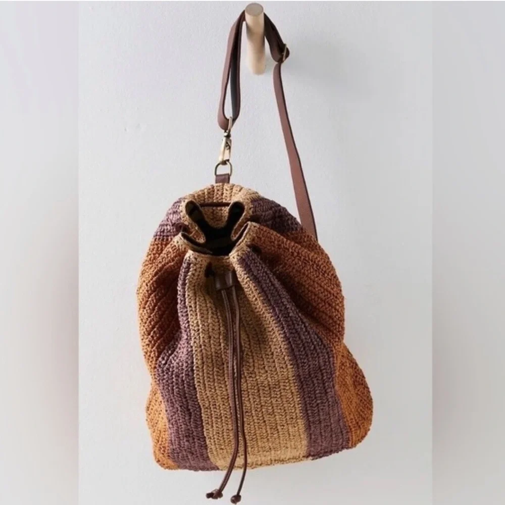 Free People Raffia Drawstring Backpack - Brown, Tan, Purple